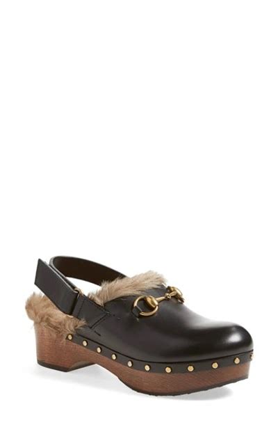 gucci amstel faux fur-lined studded leather clogs|Gucci Mules for Women .